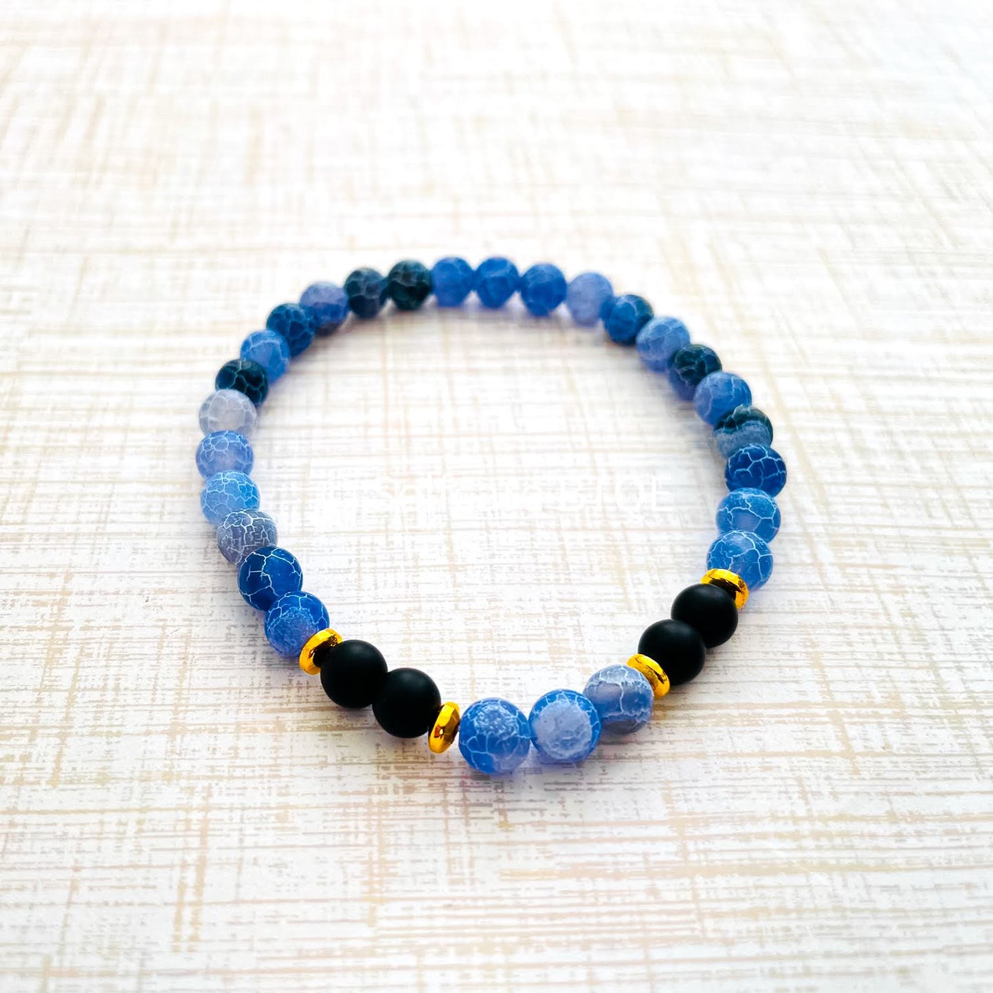 Onyx and Dark Blue Weathered Agate Stones Bracelet | 4mm