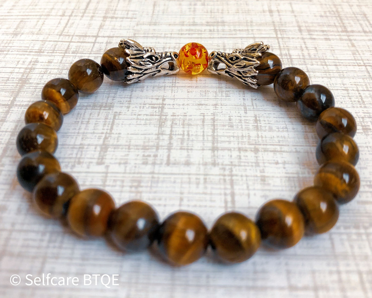 Dragon's Wisdom Amulet in Tiger's eye Stones with Amber Resin Bead |8mm