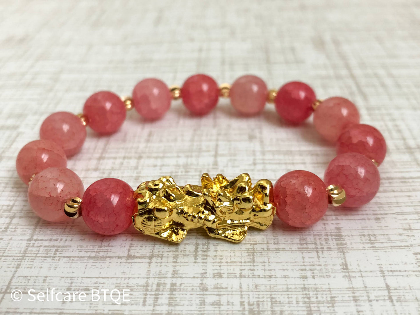 The Pink Jade Pixiu Bracelet | Pink Jade & Gold Pixiu | Love · Luck · Prosperity | 8mm