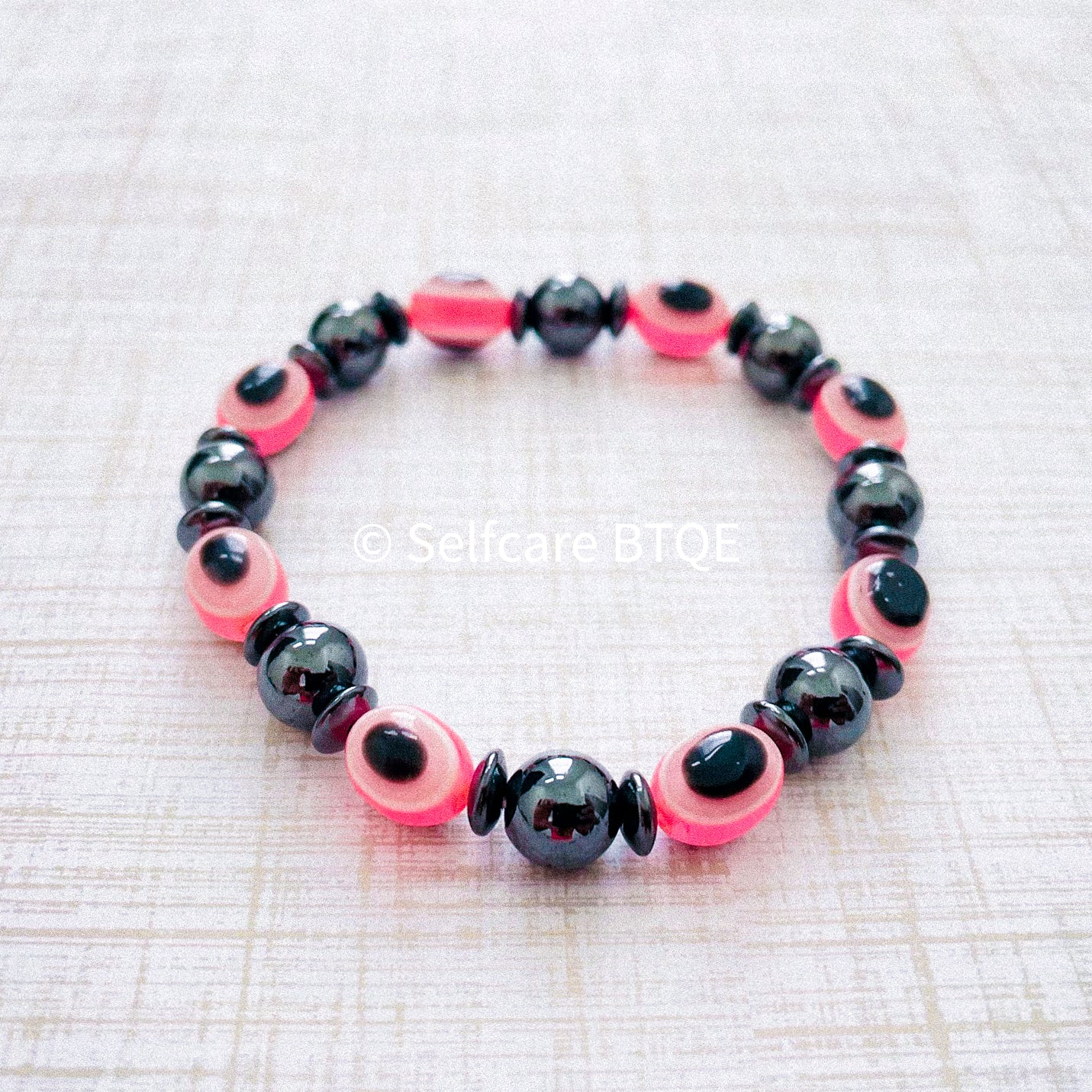 Pink Evil Eye and Hematite Beaded Bracelet | 8mm