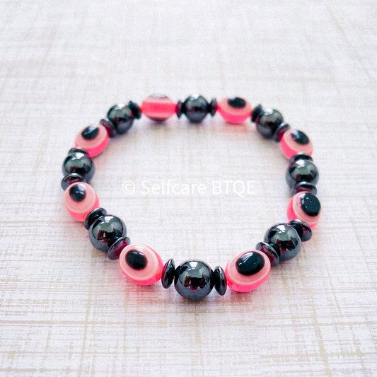Pink Evil Eye and Hematite Beaded Bracelet | 8mm