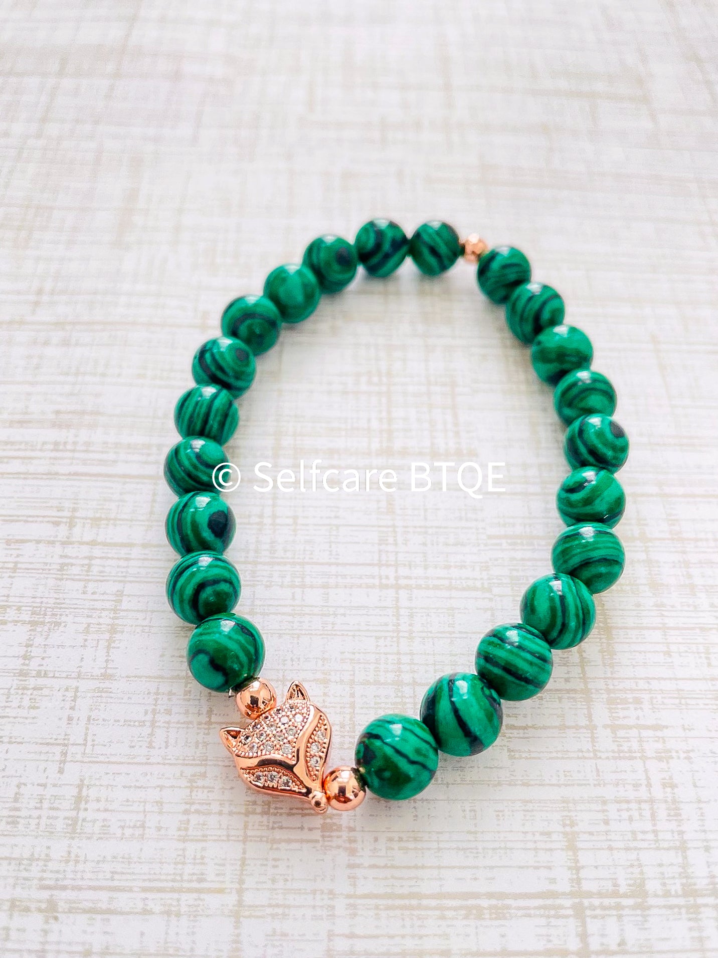 Malachite Bracelet with Rose Gold Fox Charm | 8mm