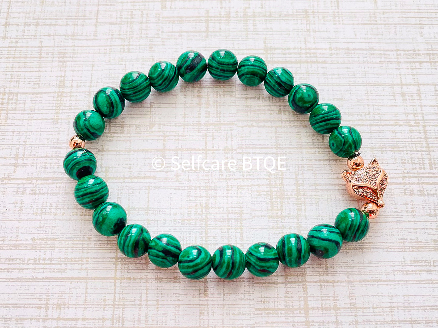 Malachite Bracelet with Rose Gold Fox Charm | 8mm