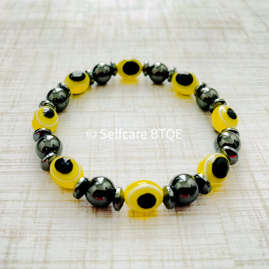 Yellow Evil Eye and Hematite Beaded Bracelet | 8mm
