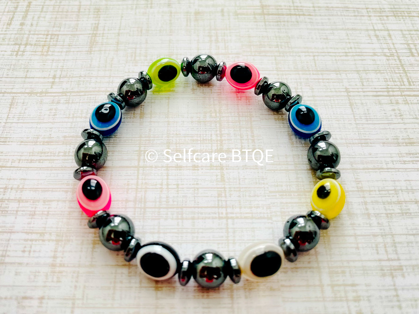 Rainbow Evil Eye and Hematite Beaded Bracelet | 8mm