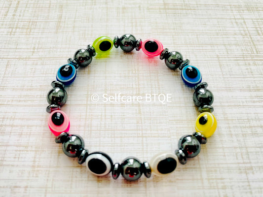 Rainbow Evil Eye and Hematite Beaded Bracelet | 8mm