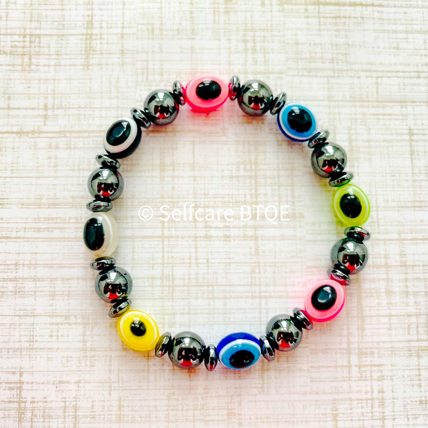 Rainbow Evil Eye and Hematite Beaded Bracelet | 8mm