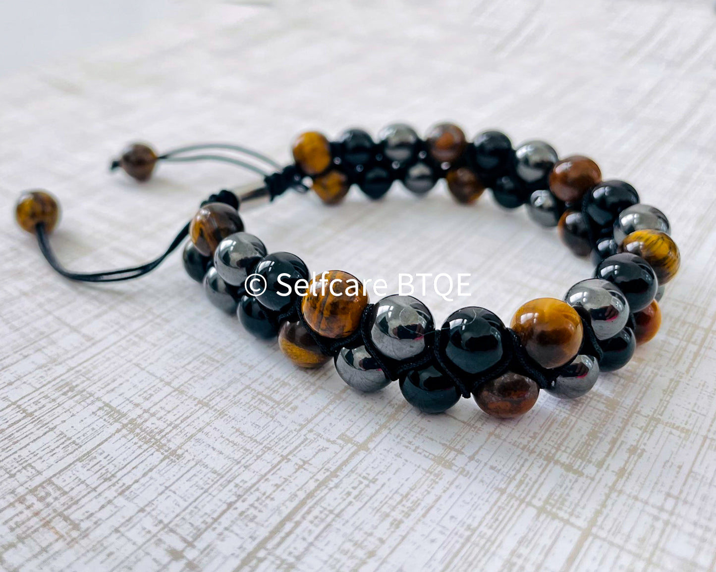 Triple Protection Bracelet - Double Layer with Yellow Tiger's Eye, Hematite and Black Onyx Stones | Mens | Womens | 8mm