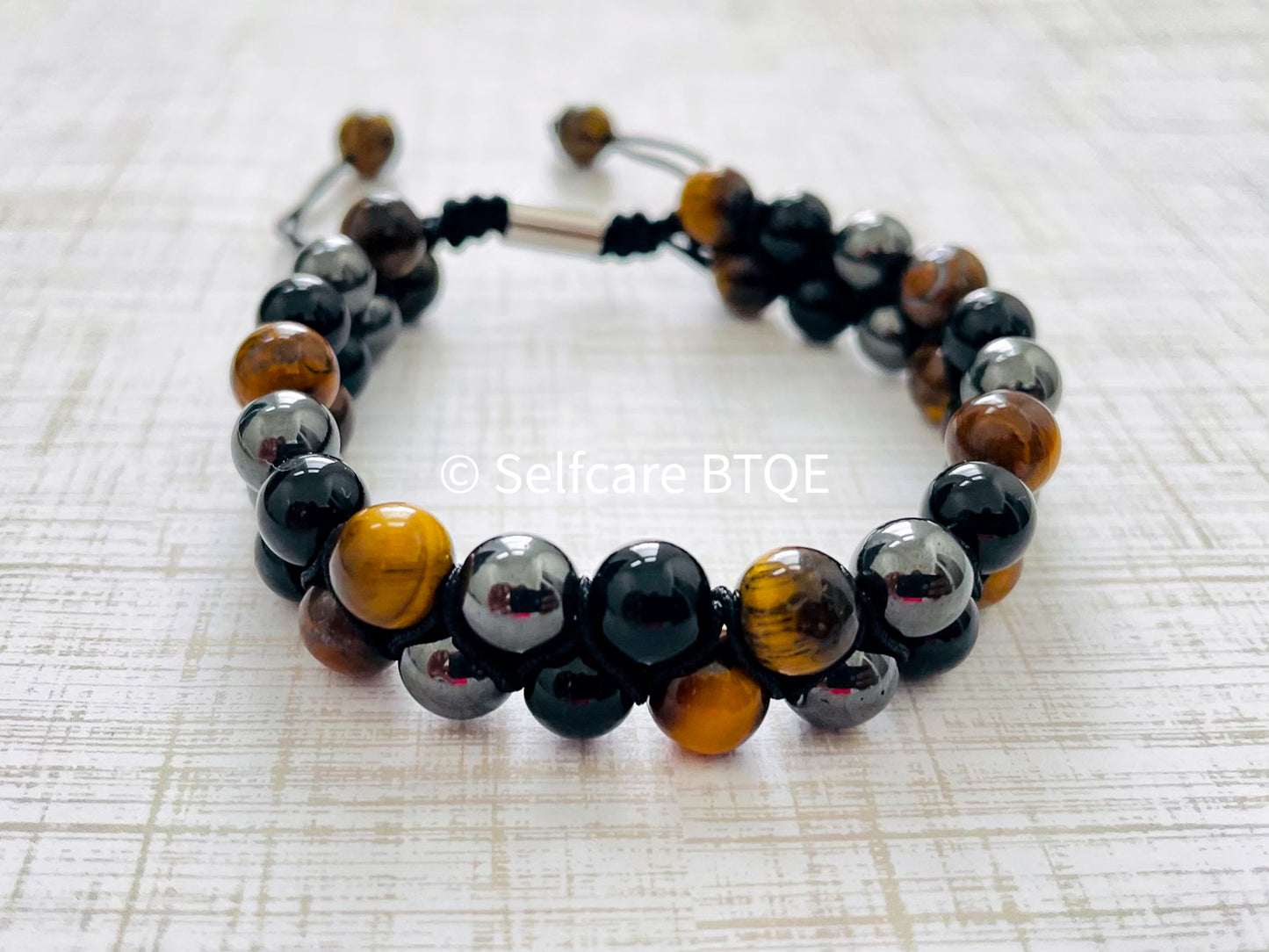 Triple Protection Bracelet - Double Layer with Yellow Tiger's Eye, Hematite and Black Onyx Stones | Mens | Womens | 8mm