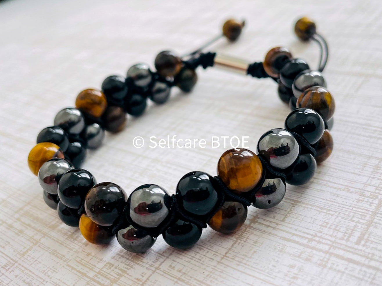 Triple Protection Bracelet - Double Layer with Yellow Tiger's Eye, Hematite and Black Onyx Stones | Mens | Womens | 8mm