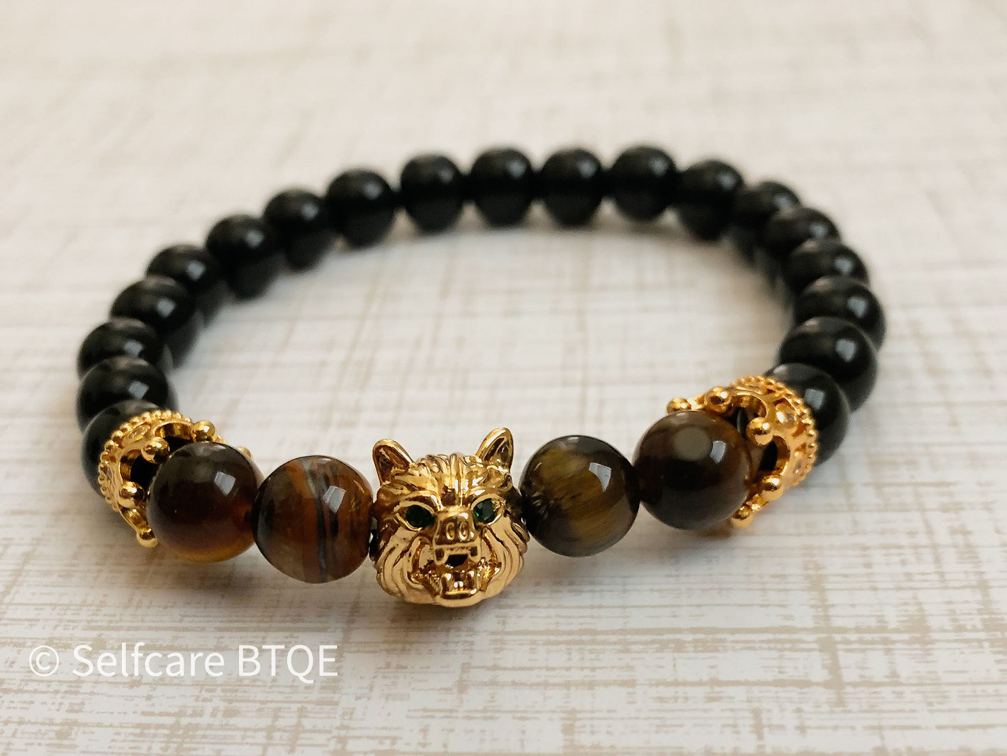 The Alpha Guardian: Black Onyx & Golden Wolf Head Bracelet