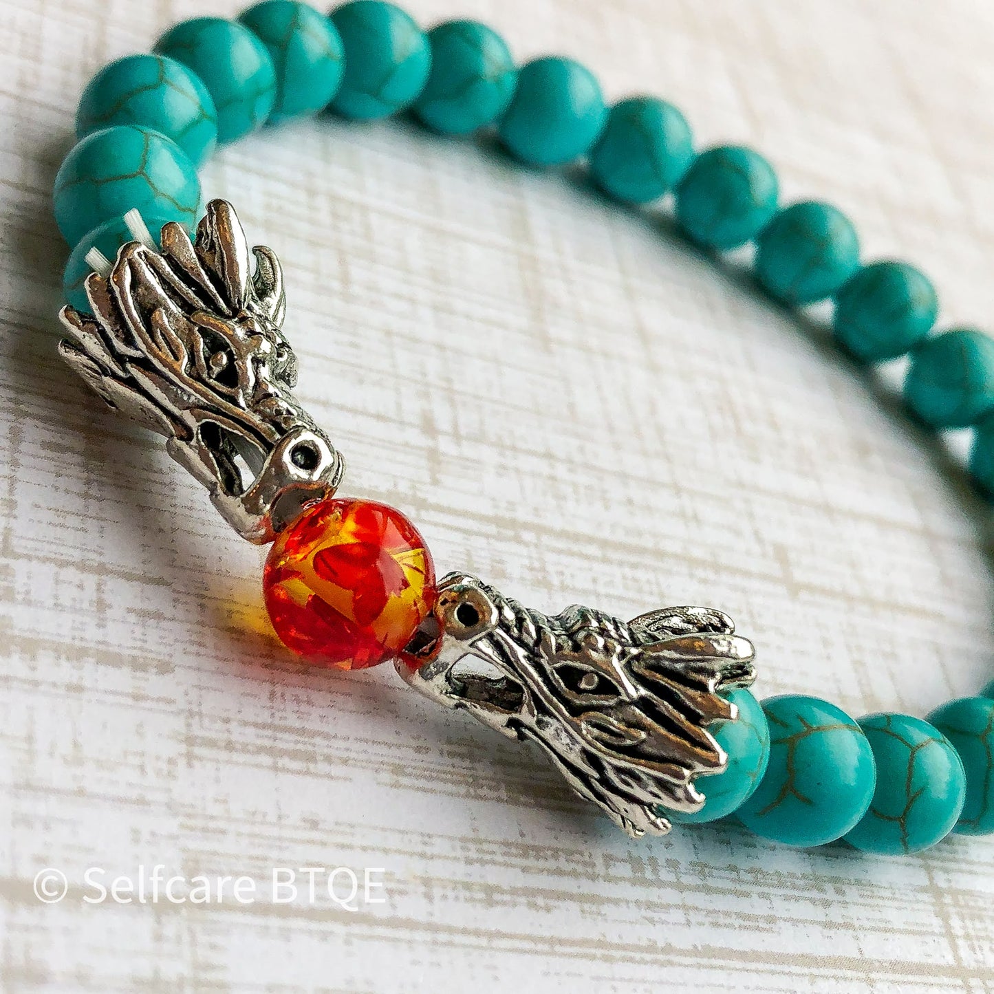 Dragon Bracelet Turquoise Stone & Amber Resin Dragon Head Beads