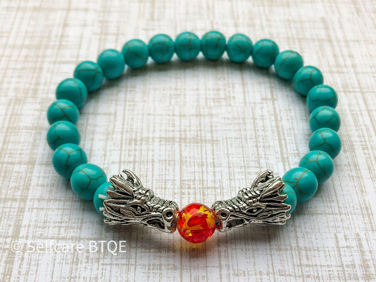 Dragon Bracelet Turquoise Stone & Amber Resin Dragon Head Beads